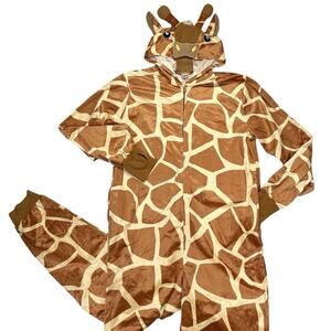 Giraffe Jumpsuit Costume Adult XL SPIRIT Orange One Piece Zip Hood Fleece Cospla